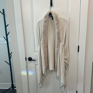White House Black Market Cream Poncho with Faux Fur Trim
